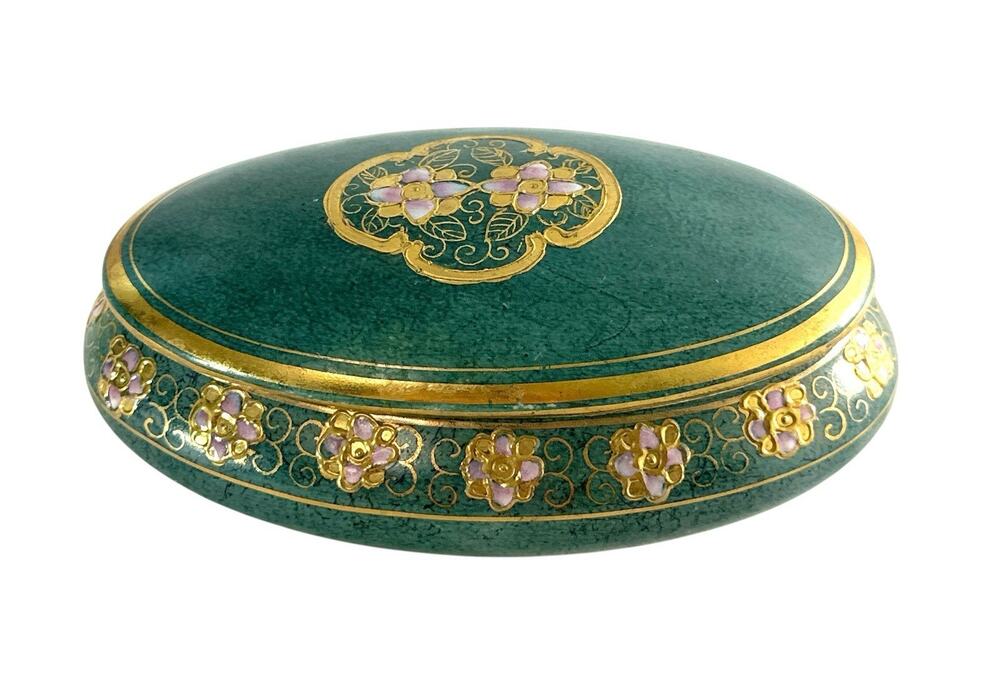 Vintage Tayo Porcelain Trinket Box Green Gold Floral Cloisonne Style 6.5”